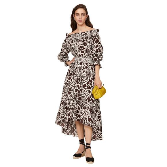 Adam Lippes Collective Smocked Off the Shoulder Animal Print Dress Womens Size 8 - Picture 1 of 13